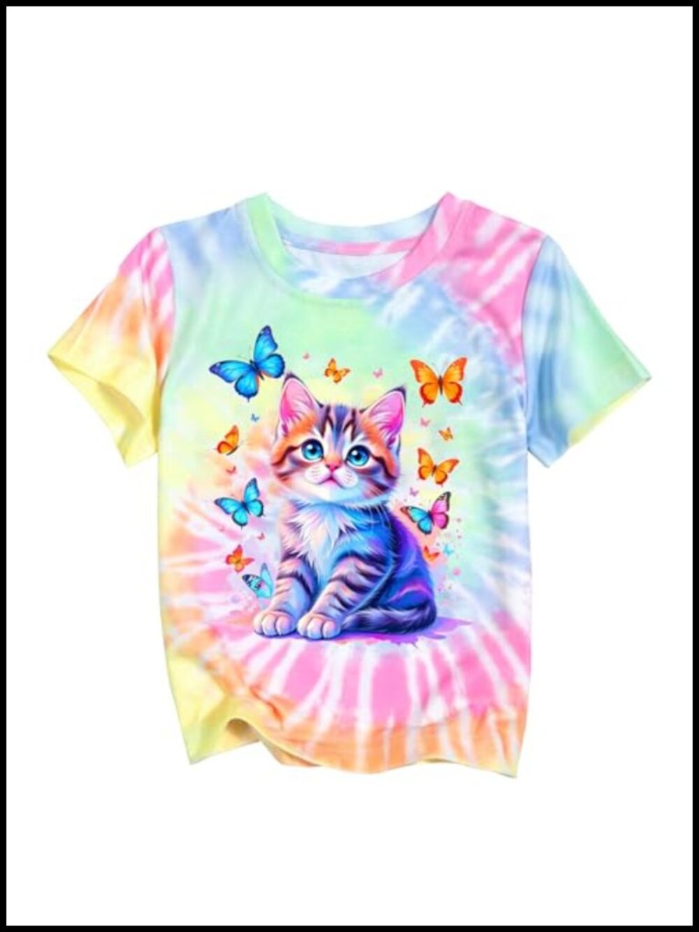 Eatbook Kids Tie Dye Cat Butterfly Graphic Tee 5-12Y